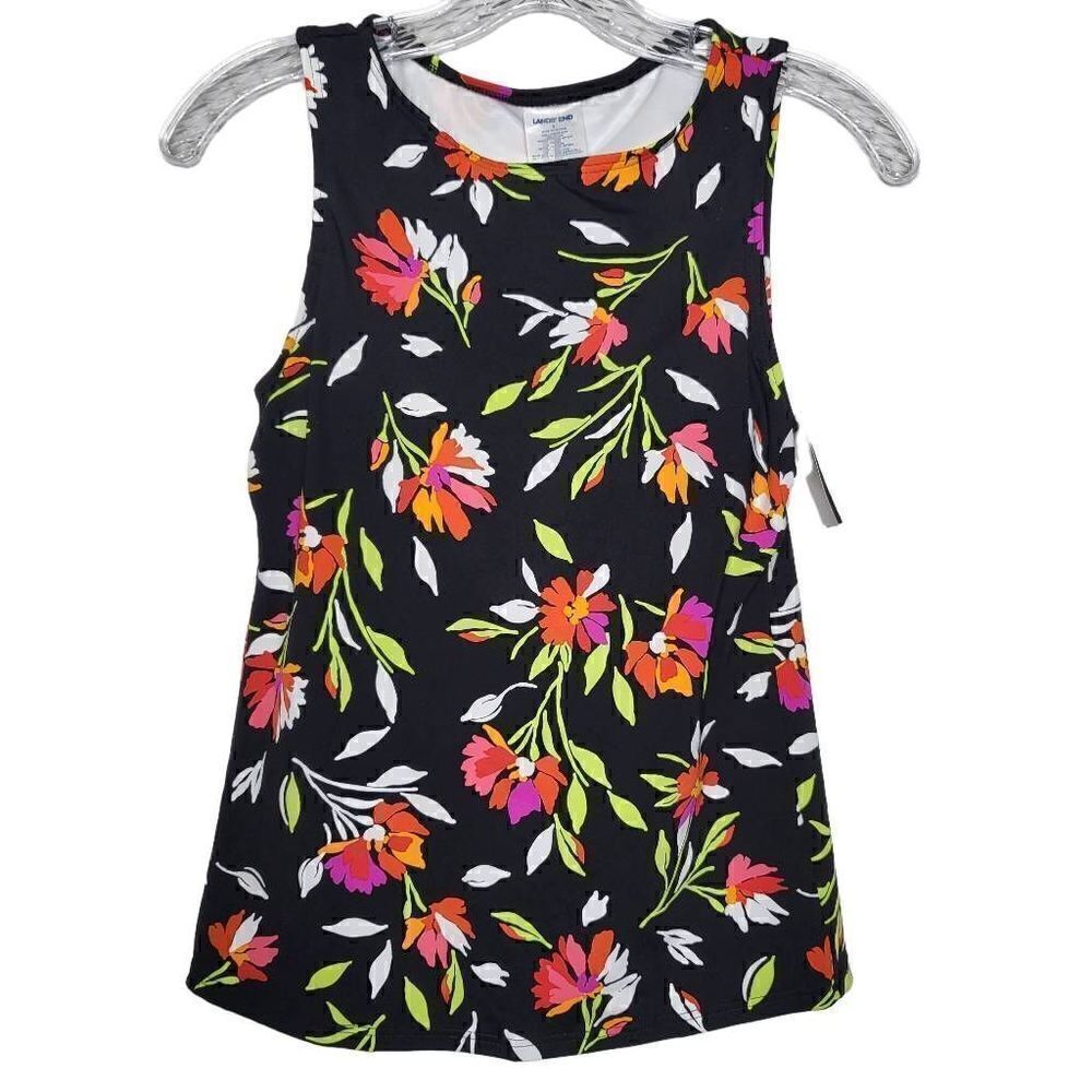 Lands' End Black Floral Square Neck Tankini Swim Top Size 2